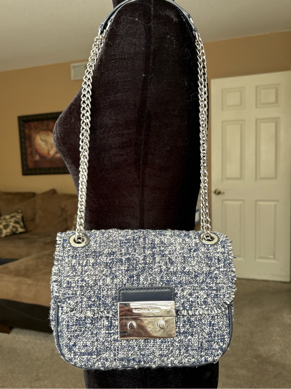 Michael Kors Sloan Chain-Shoulder Tweed Crossbody Bag in Navy and White